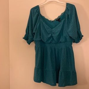NWT Torrid teal eyelet elastic waist peasant top size 0/L/12
